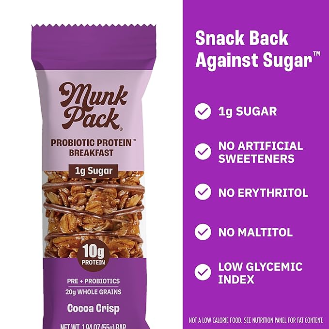 Munk Pack Probiotic Protein Bars - Cocoa Crisp | 10g Plant Protein, 1g Sugar, 6g Fiber | Diabetic-Friendly Ideal Breakfast Bars - On-the-Go Snacks, Gluten-Free, Non-GMO | 12 Count