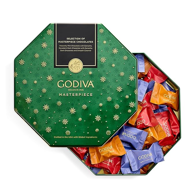 Godiva Holiday Masterpiece Gift Tin, Assorted Milk & Dark Chocolates with Ganache and Caramel, Gourmet Christmas Gift, Kosher & Halal, 50 Pc