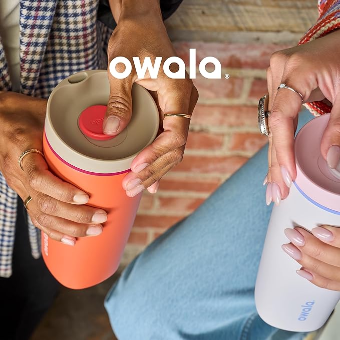 Owala SmoothSip Slider Insulated Stainless Steel Coffee Tumbler, Reusable Iced Coffee Cup, Hot Coffee Travel Mug, BPA Free 12 oz, Grey/Blue (High Dive)
