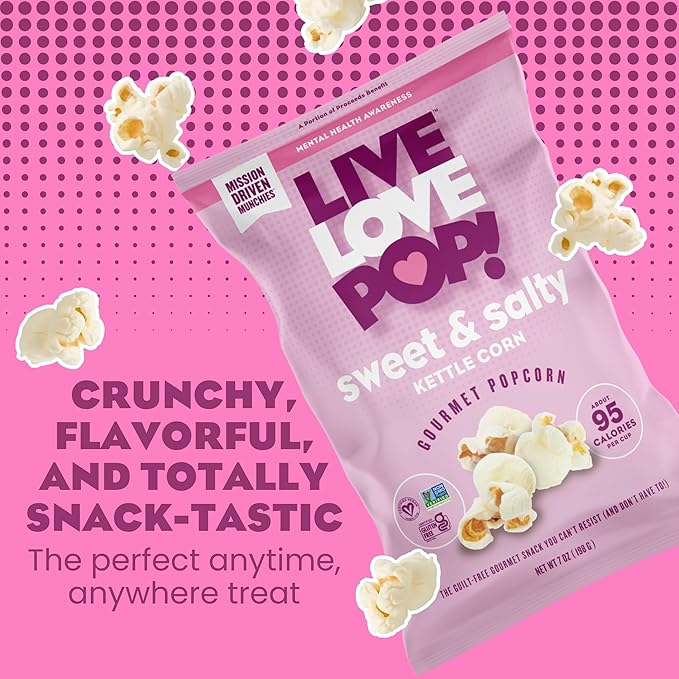 Live Love Pop Sweet and Salty Kettle Corn Flavored Gourmet Popcorn, 1.5 Oz (Pack of 12), Individual Snack Size Bags, Healthy Snack, Gluten Free, Vegan & Non-GMO, Mission Driven Munchies