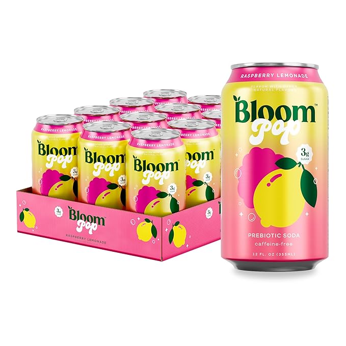 Bloom Pop Prebiotic Soda 12 Pack, Raspberry Lemonade Flavor, 12oz Cans | Prebiotic Soda for Gut Health, Low Calorie Soda, No Caffeine, Healthy Soft Drink Alternative