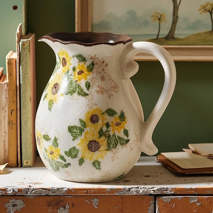 Vintage Vase with Handle, 7.6 Inch Ceramic Pitcher Sunflower Floral Vase, Rustic Farmhouse Vases for Grandma Core Home Decor, Bookshelf Office Tuscan Decor (Large Teapot)