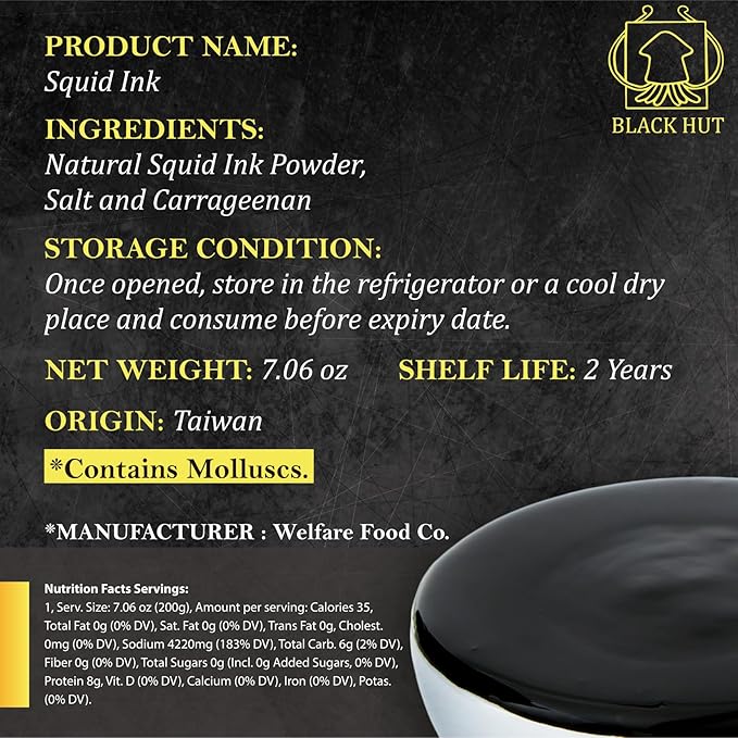 (5g x 40 Pack) Black Hut Squid Ink, Food Coloring Tinta Calamari for Rice Noodles Pasta Spaghetti Risotto, Cuttlefish Ink for Baking mix, Halal Certificate, Contains Molluscs, 7.06 oz / 200 g