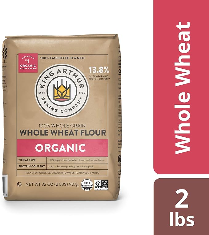 King Arthur, 100% Organic Whole Wheat Flour, 100% Whole Grain, Non-GMO Project Verified, 2 Pounds (Pack of 12)