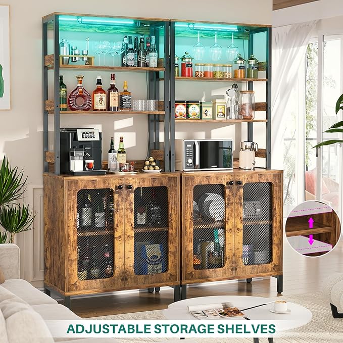Aheaplus Bar Cabinet with Power Outlets, 67" Tall Wine Bar Liquor Cabinet with LED Lights & Glass Holder, Coffee Bars Station for Living Room, Microwave Stand Bakers Rack Cabinets, Rustic Brown