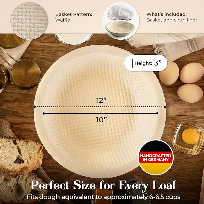 Sourdough Proofing Basket and Starter Jar Kit – 3.3 LB Round Wood Pulp Banneton with Waffle Pattern (Made in Germany) and 34 oz Sourdough Starter Jar, Thermometer Strips & Spatula – Bread Proofing Set