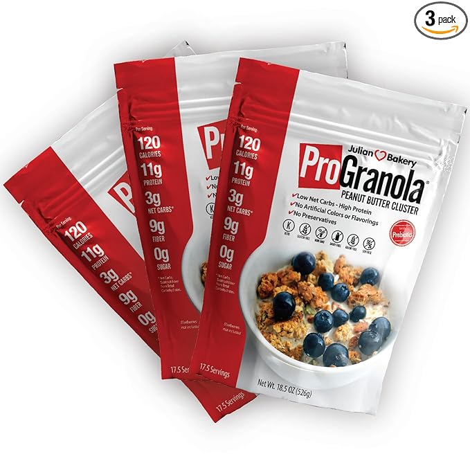 Julian Bakery® ProGranola® Cereal | Peanut Butter Cluster | 12g Protein | 2 Net Carbs | Gluten-Free | Grain-Free | 3 Pack