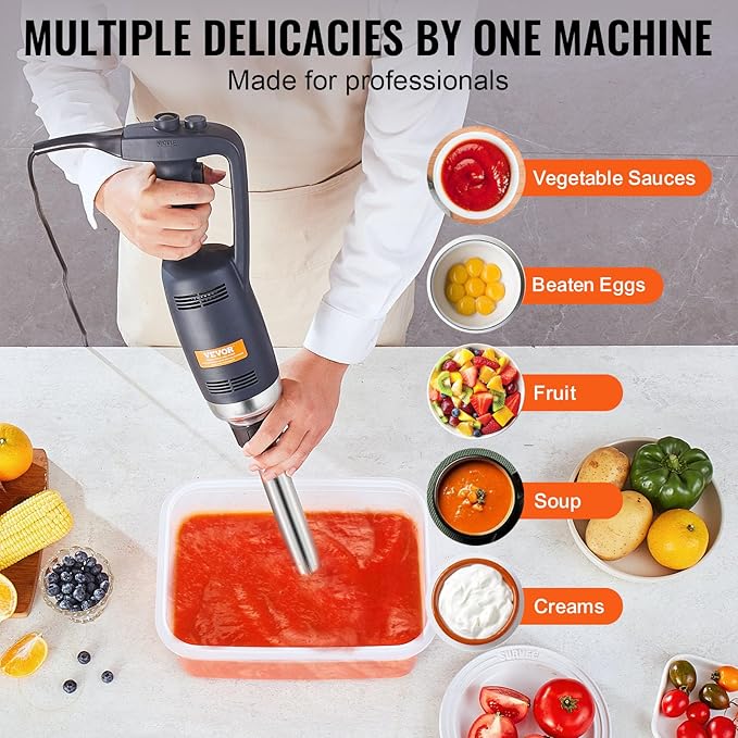 VEVOR Commercial Immersion Blender, 350W Heavy Duty Hand Mixer, 12 inch Stepless Variable Speed Mixer with Stainless Steel Blade, Multi-Purpose Portable Mixer for Soup, Sauces, Mashed Potatoes, Cream