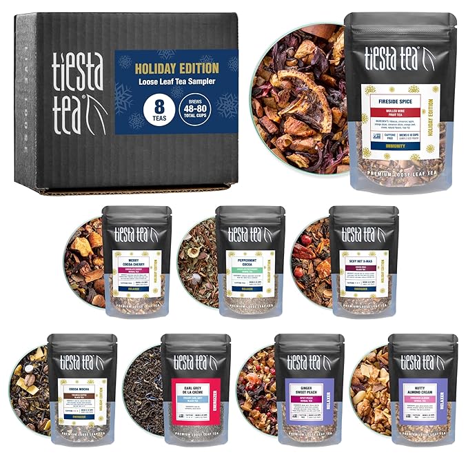 Tiesta Tea - Holiday Tea Sampler Dry Flight Set, Loose Leaf, High to No Caffeine Hot & Iced, Premium Brew Sample with Black, Herbal, Fruit & Hibiscus Blends, 8 Resealable Sample Pouches