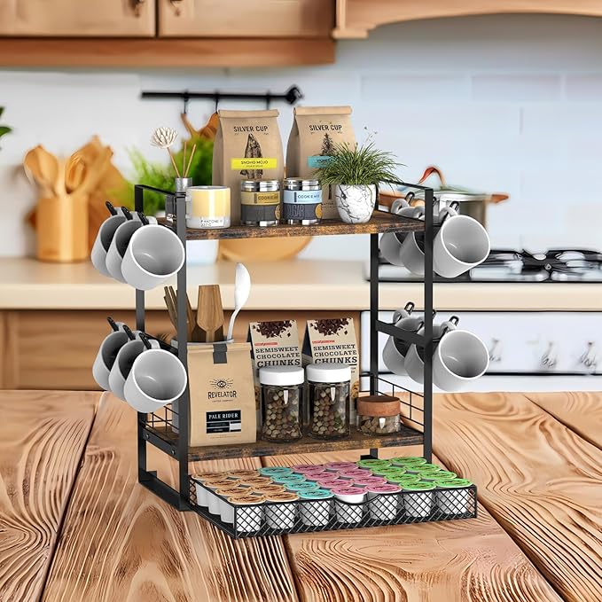 Coffee Station Organizer, 3 Tier Bar Organizer for Countertop, Mug Cup Holder Stand With 12 Hooks and 28 K Cup Storage for Kitchen, Home & Office, Rustic Brown