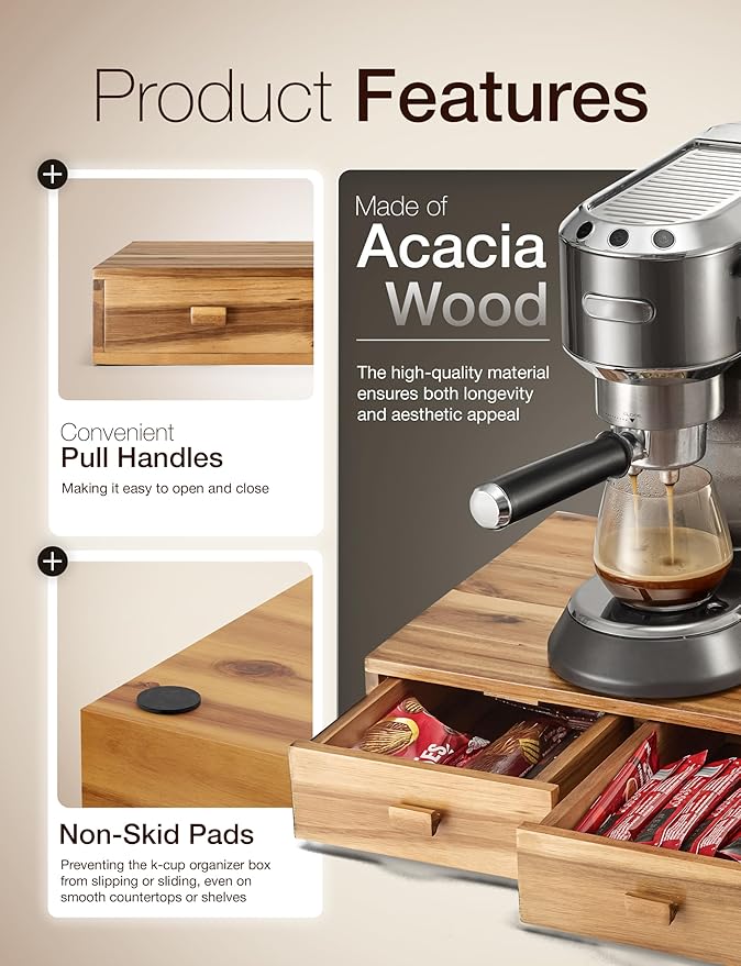 Tinamo Acacia Wood Coffee Pod Storage Box, Coffee Pods and Tea Organizer Holder, K Pod Drawer Coffee Maker Machine Stand, for K-Cup Drawer Organizer Under Brewer (Acacia, 2 drawer)