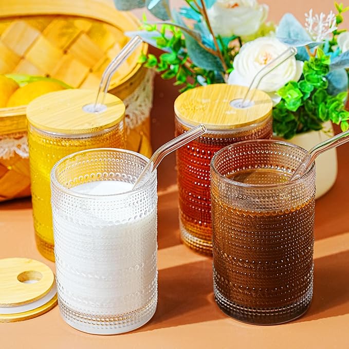 15 Oz Glass Cups with Lids and Straws, Vintage Embossed Glassware for Whiskey Cocktail Beer, Iced Coffee Cup with Lid (4 PACK)