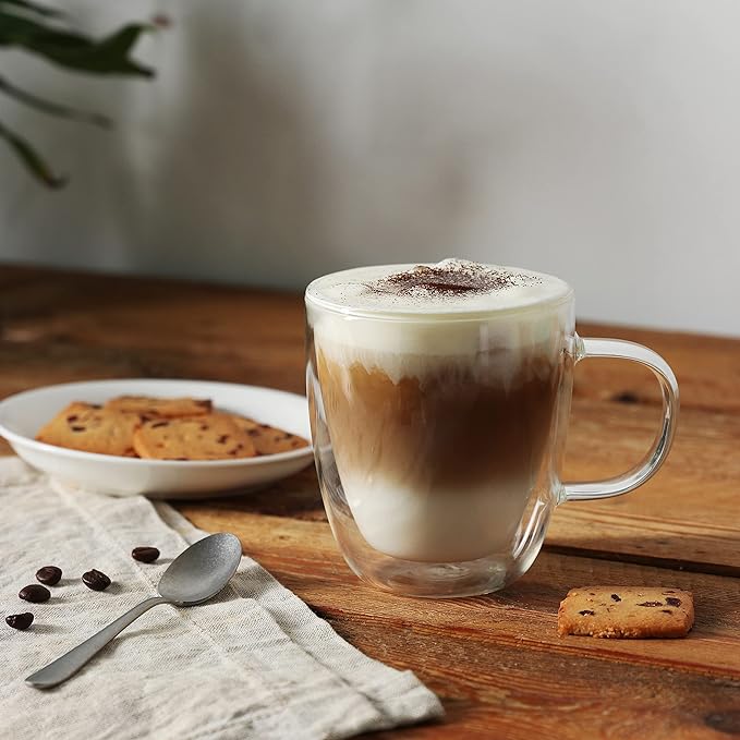 CNGLASS Large Glass Coffee Mugs 12oz,Double Walled Insulated Cappuccino Mug with Handle,Set of 4
