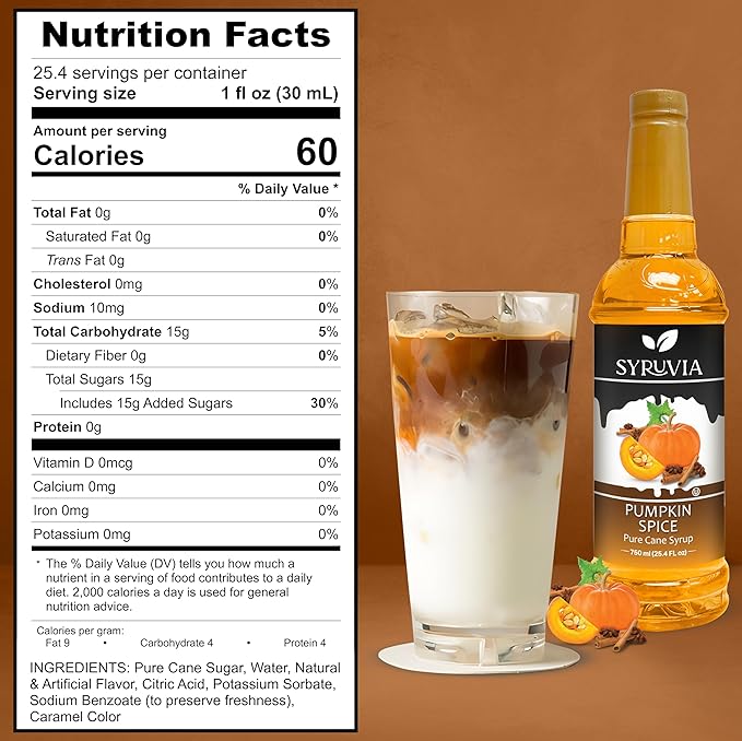 Syruvia Pumpkin Spice Syrup for Coffee 25.4 Ounces Pumpkin Spice Flavored Coffee Syrup