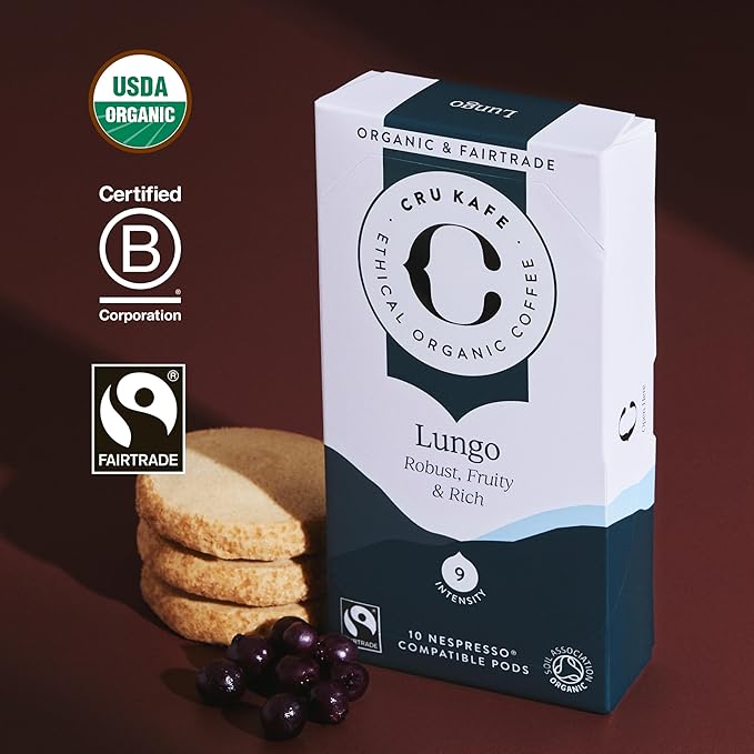 Cru Kafe Lungo Espresso Strong USDA Organic Espresso Coffee Capsules (10 Pods) Fairtrade Coffee Pods Compatible with Nespresso Original Line and Pixie Machines