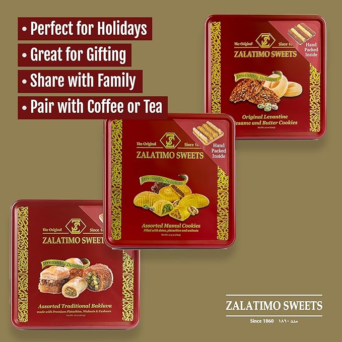 Zalatimo Sweets Since 1860, 100% All Natural Assorted Baklava, Slightly Sweet Baklava in Square Metal Gift Tin, No Preservatives, No Additives, No Corn Starch, No Syrups! 1.8Lbs