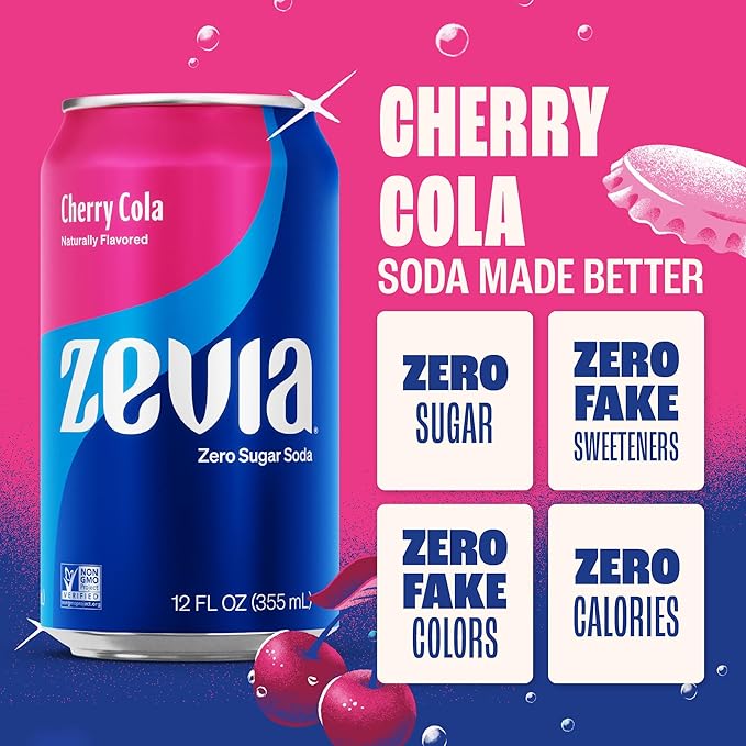Zevia Zero Sugar Soda, Cherry Cola, 12 oz Cans (24-Pack) – Naturally Sweetened, Non-GMO Project Verified, Gluten-Free, Vegan