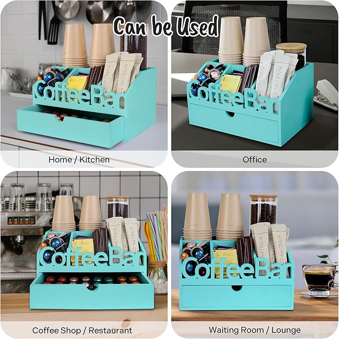 Coffee Bar Organizer for Countertop – Wooden Coffee Station with Black Drawer, Tea and K Cup Storage Rack, Coffee Pod Holder for Home and Office Counter Organization (Drawer - Turquoise)