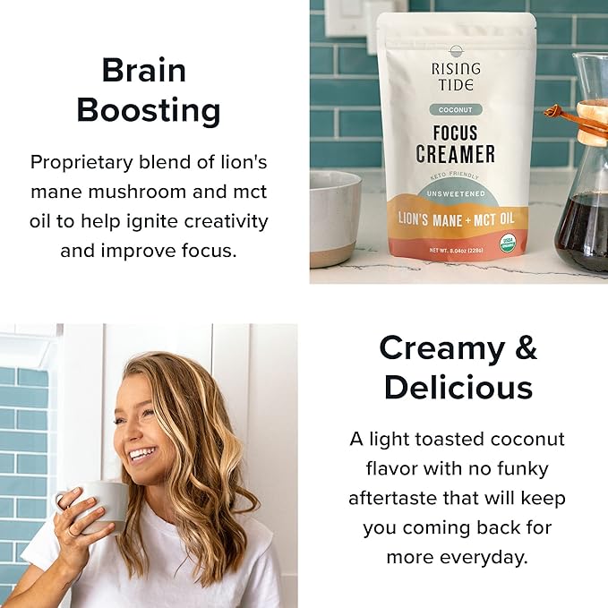 Rising Tide Organic Mushroom Superfood Creamer – Coconut Milk Powder, Lions Mane Mushrooms, MCT Oil - Non Dairy Cream Alternative for Coffee - Plant Based and Keto Friendly (38 Servings)
