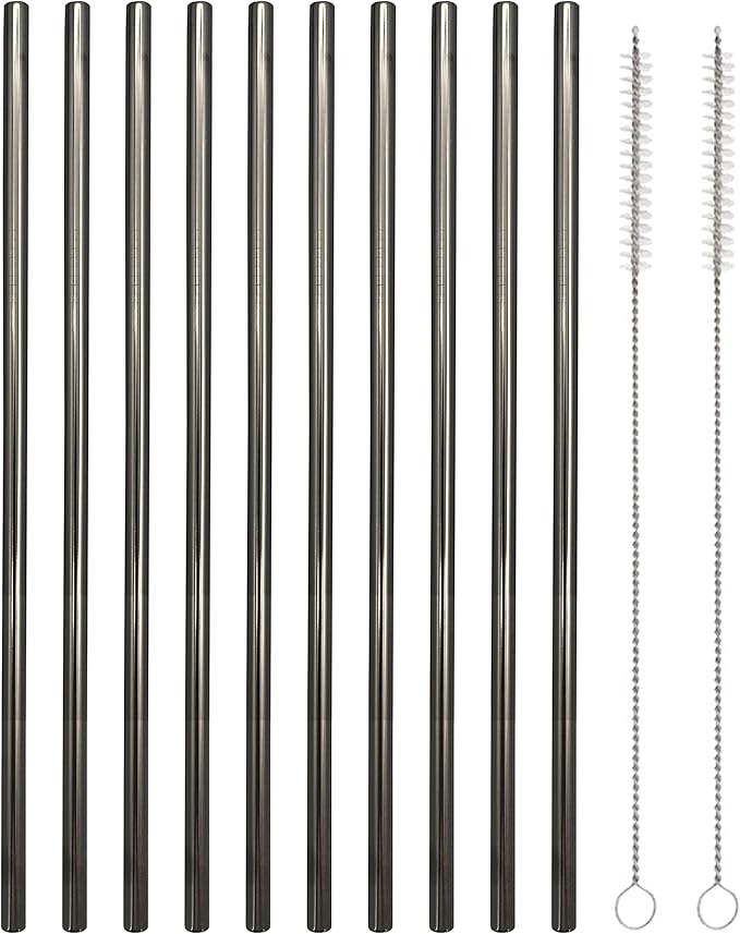 10 Pcs Stainless Steel Straws, Reusable Drinking Straws, Straight Metal Straw Sets with 2 Pcs Cleaning Brushes (8.5 Inch, Black)