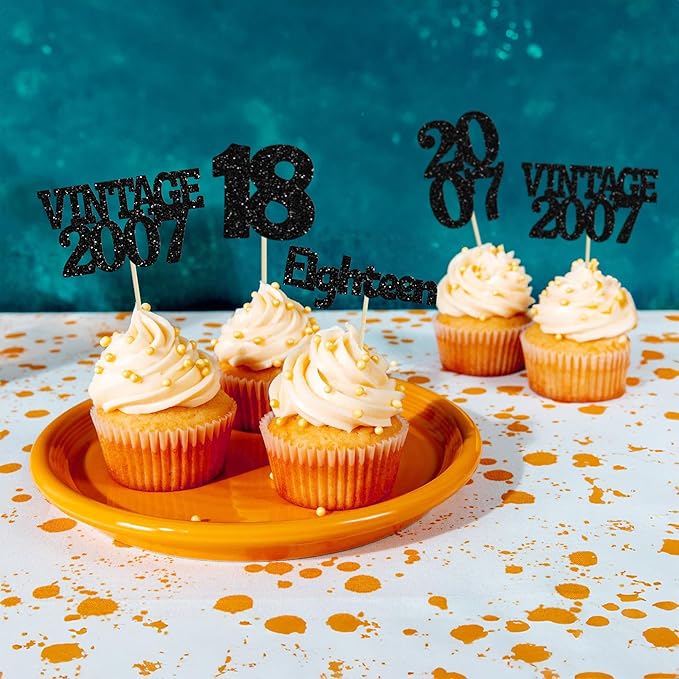 Gyufise 24Pcs 18th Birthday Cupcake Toppers Glitter Eighteen Vintage 2007 Adultish 18 Cupcake Picks Hello 18 Years Birthday Cake Decorations for Happy 18th Birthday Anniversary Party Supplies Black