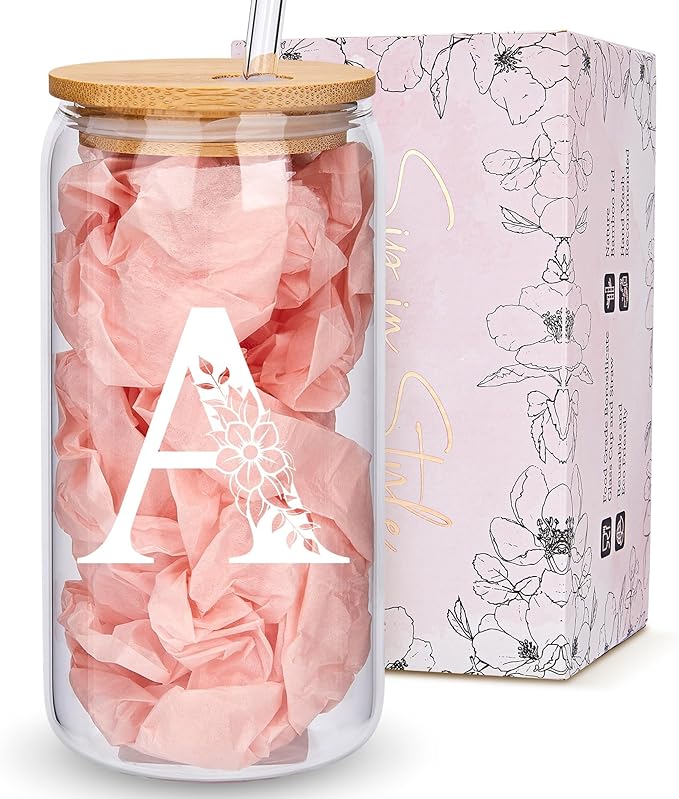 Personalized Gifts for Women, Monogrammed Glass Cups with Lids and Straws, Custom Tumbler, Cute Customized Mug, Aesthetic Stuff, Initial Iced Coffee Cup, Drinking Glasses, Birthday Teacher Gifts, A