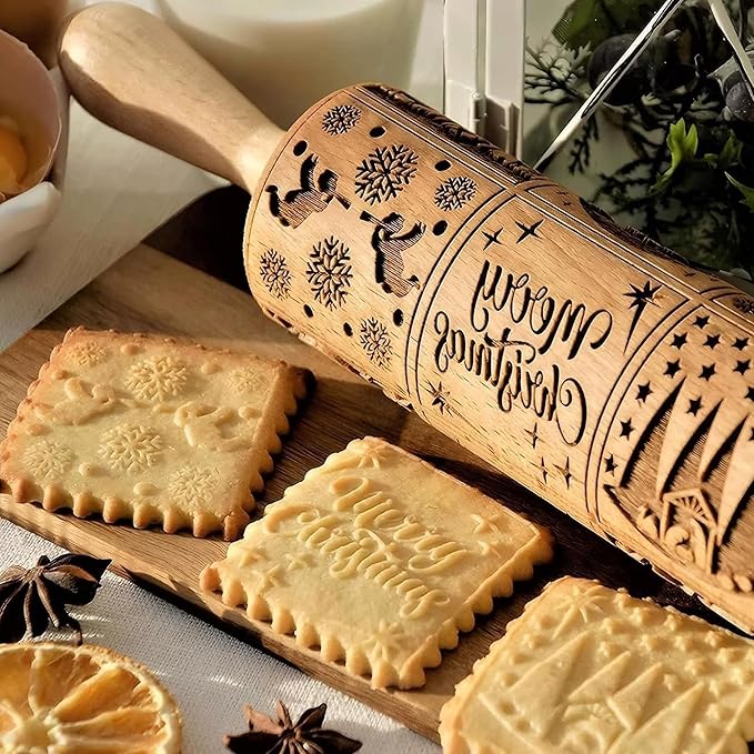 17" Premium Wood Rolling Pin with Nativity Embossed Designs | 3mm Deep Springerle Cookie Molds | Christmas Rolling Pin & Baking Gifts for Women | Includes 3-in-1 Cleaning Brush ﻿