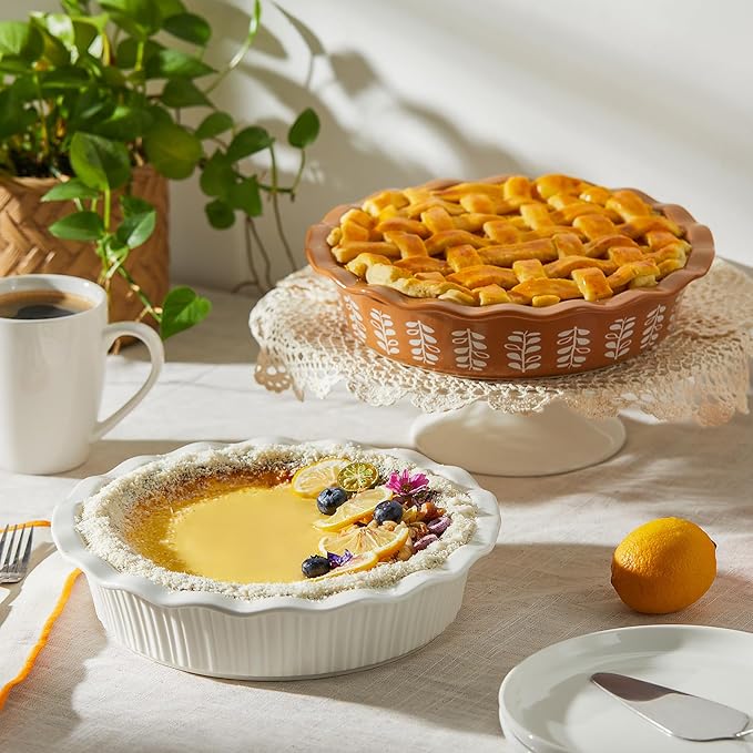 Sweese Porcelain Deep Fluted Pie Dish for Baking - 9 inch Porcelain Pie Plate for Apple, Quiche, Pot Pies, Tart - Vertical Line - White