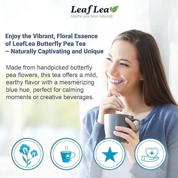 LeafLea 40 Butterfly Pea Flower Tea Bags, Herbal Flower Tea for Relaxation, Mocktails, and Natural Food Coloring, Caffeine-Free, Sugar-Free, Non-GMO