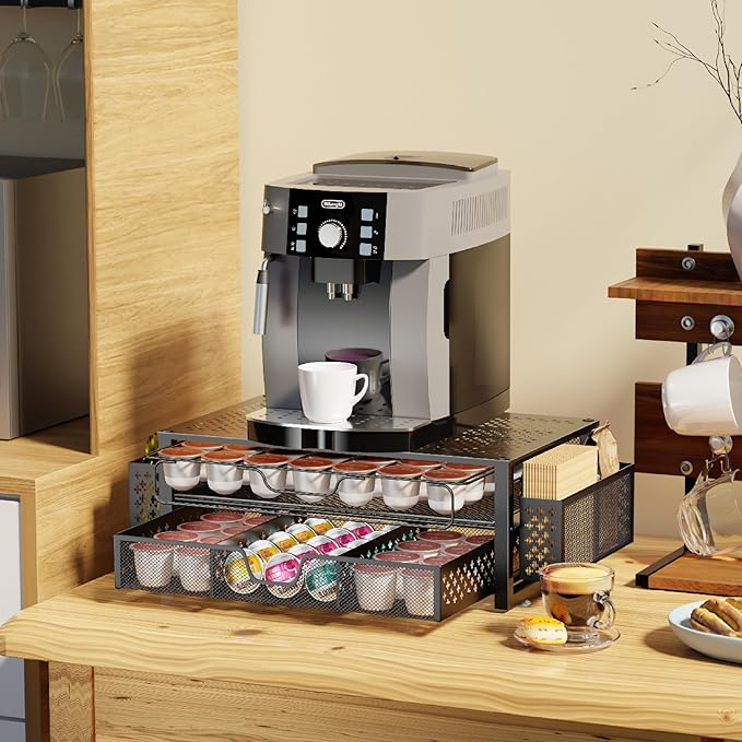 Simple Trending Coffee Pod Holder for K Cups, with 2 Tier Slidng Storage Drawer and Coffee Accessories Holder, 63 Large or 80 Small Capsule Organizer, Black