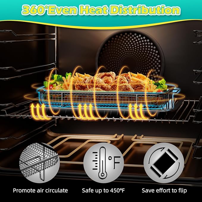 Air Fryer Basket for Oven, OPENICE 15.6" x 11.6" Air Fryer Tray and Pan Set with 30PCS Parchment Papers, Stainless Steel Oven Air Fryer Basket and Tray for Baking Grilling - Black