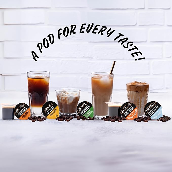 JAVA HOUSE French Vanilla Latte Cold Brew Coffee Pods, (12 Count) Peel and Pour Pods Hot or Iced