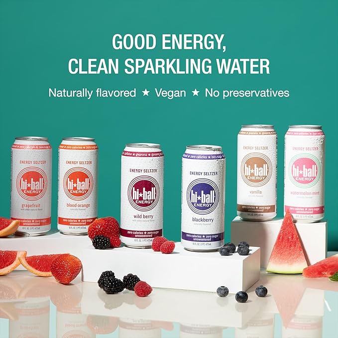 Hiball Clean Energy Drink - Lemon Lime - Zero Sugar, Zero Calorie Sparkling Water with 160mg Organic Caffeine, 50mg Organic Ginseng, 50mg Organic Guarana - 16 fl oz (8-Pack)