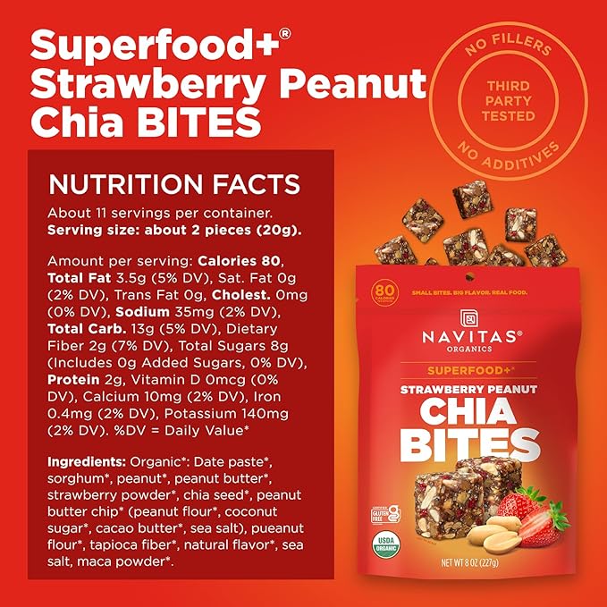 Navitas Organics Strawberry Peanut Chia Superfood+ BITES – Power Snacks – All Natural Plant Based – Clean Energy & Nutrition – USDA Organic, Non GMO, Gluten Free, Kosher, Vegan (8oz. Bag 11 Servings)