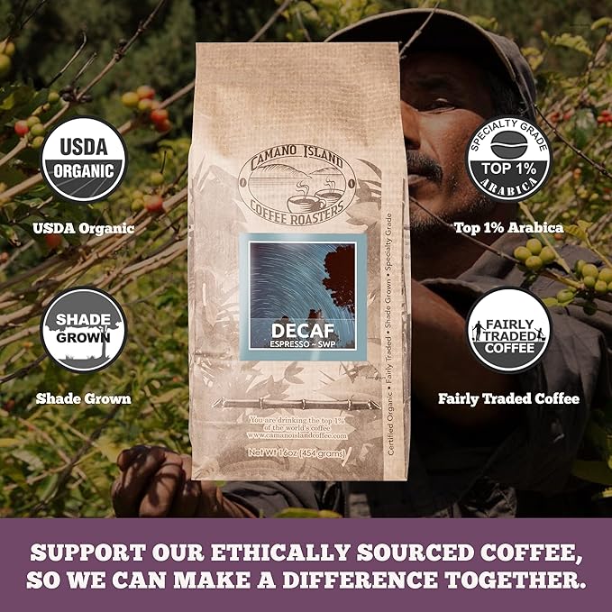 Camano Island Coffee Roasters Decaf Espresso Blend, Whole Bean 1lb, Fresh Dark Roast Swiss Water Processed, USDA Organic, Fairly Traded, Shade Grown Top 1% Arabica, Sweet Molasses, Mixed Berry Flavor