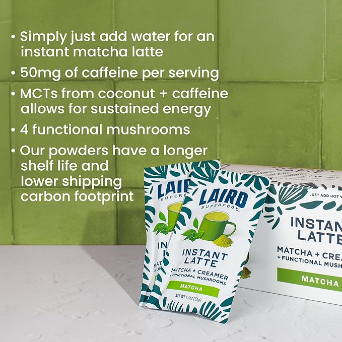 Laird Superfood Instant Latte Matcha, Non-Dairy, Superfood Creamer, Gluten Free, Non-GMO, Vegan, 15pk Sachets
