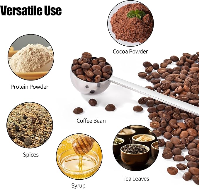 18/8 Stainless Steel Coffee Scoop, Doosu Food-Grade Metal Measuring Spoon with 8.5in Long Handle, Tablespoon Scooper for Coffee Beans, Ground Coffee, Espresso, Protein Powders, Tea, Sugar (2 Tbsp)
