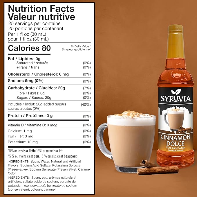 Syruvia Cinnamon Dolce Coffee Syrup - 25.4 fl oz. Kosher and Gluten-Free. Perfect for Enhancing Drinks, Sodas, Shakes, Desserts, and More.