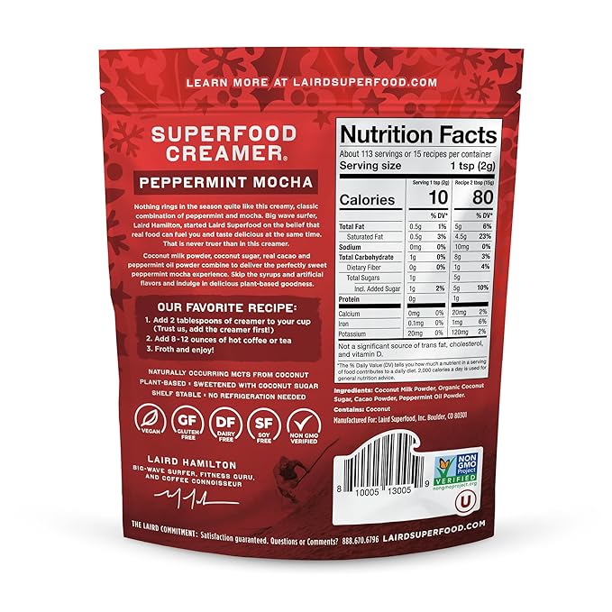 Laird Superfood Non-Dairy Original Superfood Peppermint Mocha Coconut Powder Coffee Creamer, Gluten Free, Non-GMO, Vegan, 8 oz. Bag, Pack of 2
