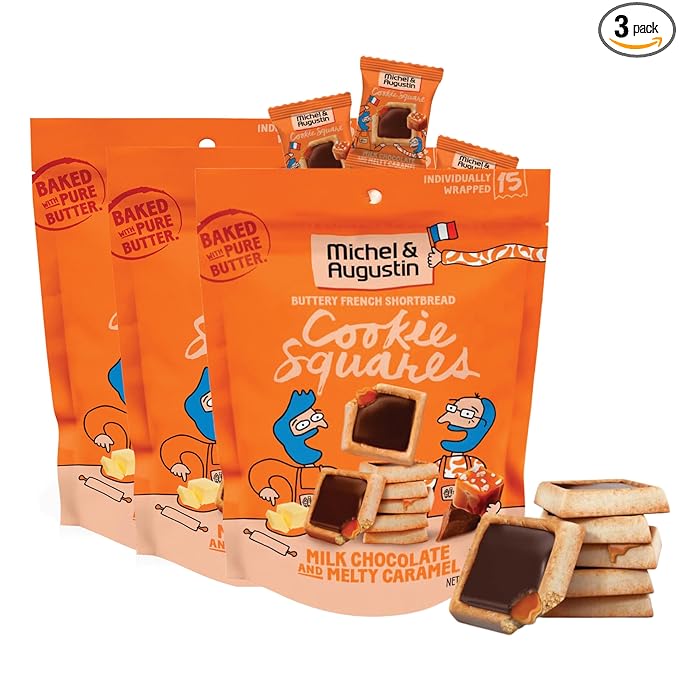 Michel et Augustin Cookies, Individually Wrapped Snacks, 3 Pack, Gourmet Milk Chocolate & Caramel Shortbread, 15 French Butter Cookies per bag