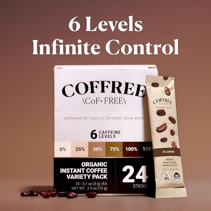 COFFREE Organic Instant Coffee Packets - 100% Caffeine, Low Acid, Mold Free Coffee Made with Medium Roast Arabica Coffee Beans - Smooth & Rich Taste - Hot or Cold Single Serve Packets 24 Pack Box