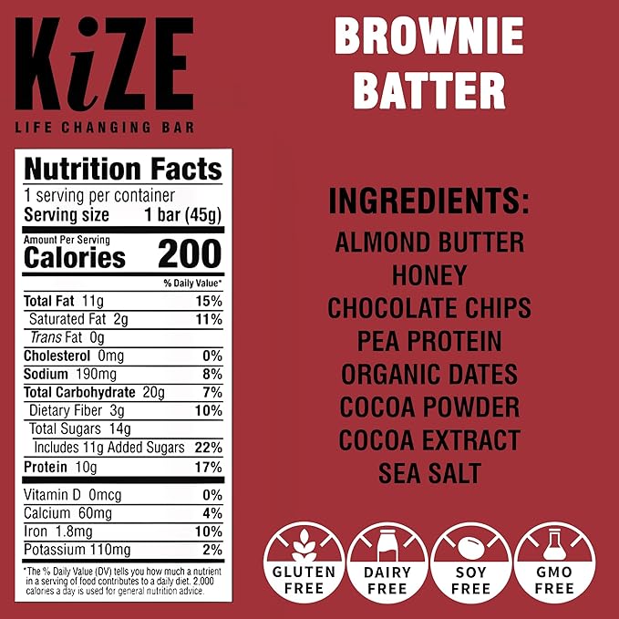 KiZE Energy Bars - Brownie Batter - 20-Count - Almond-Butter-Based, Gluten Free, Dairy Free, Non-GMO, and High Protein Meal Replacement Energy Bars, Clean and Simple Food Ingredients - 10g High Protein Snacks (20 Count)