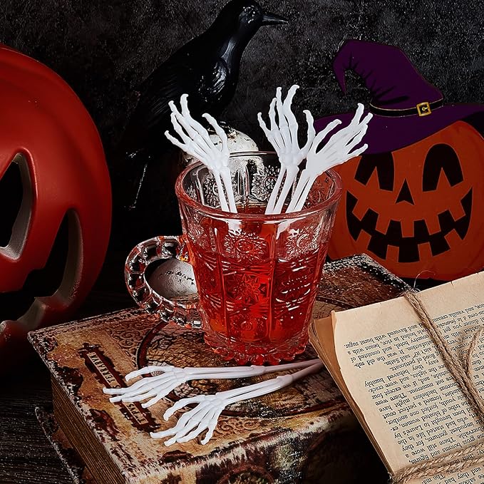 Remerry 100 Pcs Halloween Skeleton Swizzle Sticks Cocktail Garnish Sticks Hand Plastic Food Picks Coffee Stirrers Reusable Drink Stir Sticks Halloween Party Decorations for Birthday Bar Home(White)