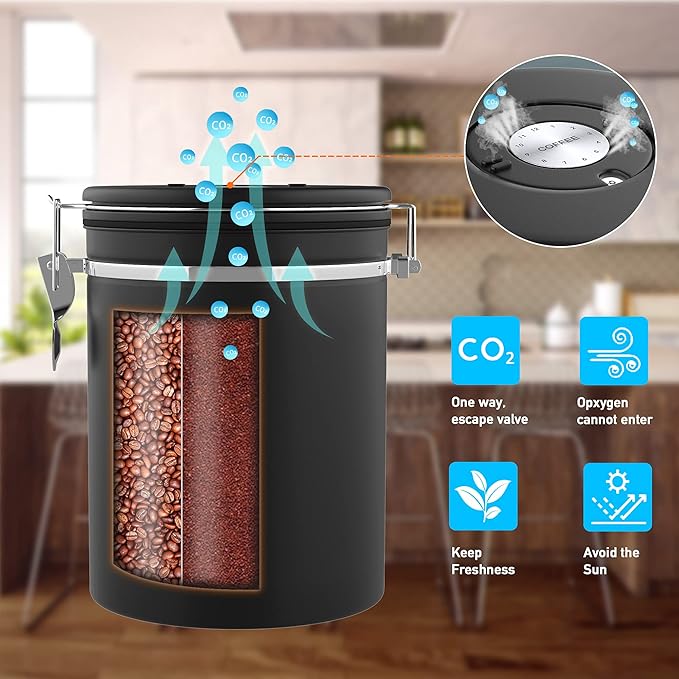 35OZ Coffee Canister for ground coffee with Date Tracker,One Way Co2 Valve 304 Stainless Steel Kitchen Food Airtight storage container for Coffee Beans or Grounds, Sugar Black