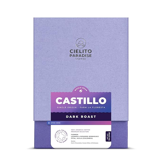 Premium Dark Roast Coffee - Cielito Paradise Castillo Whole Bean, Single Origin from Huila Colombia, Rich Notes of Chocolate & Molasses, 12oz