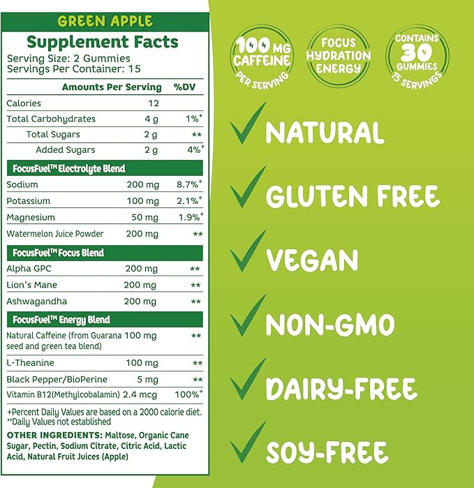 FocusFuel Energy Chews – Green Apple Flavor (15 Servings) – 100mg Caffeine + B12, Magnesium, Alpha GPC – Boost Focus & Energy – No Crash or Jitters