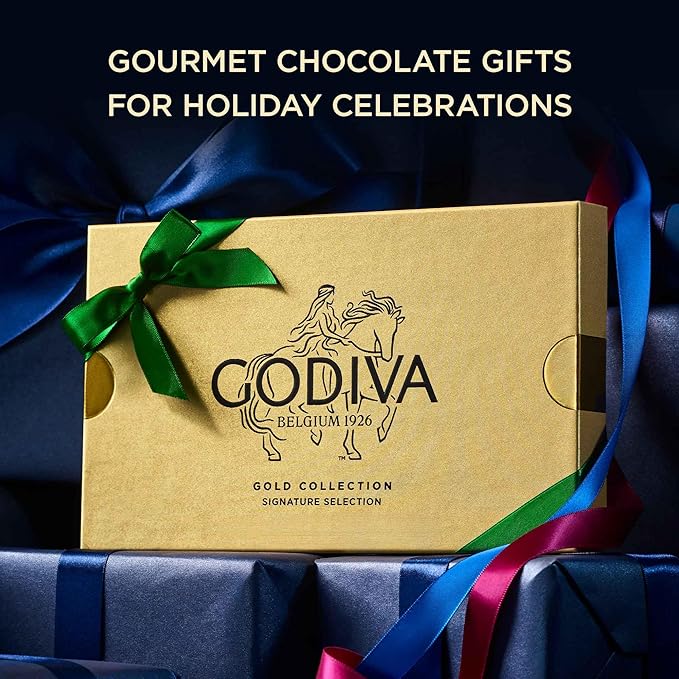 Godiva Green Bow Gold Assorted Chocolate Gift Box, Belgian Dark and Milk Chocolates with Pralinés, Ganaches & Caramels, Gourmet Holiday Gift, Non-GMO & Kosher, 15 Pc