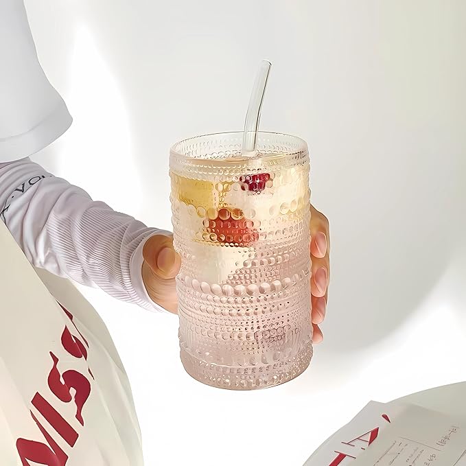 2 Pcs Iced Coffee Glasses Cups with Glass Lids and Straws,12 oz Thick Emboss Beaded Drinking Glass Cup Set,Latte Glasses,Ideal for Water,Soda,Gift - with Cleaning Brushe