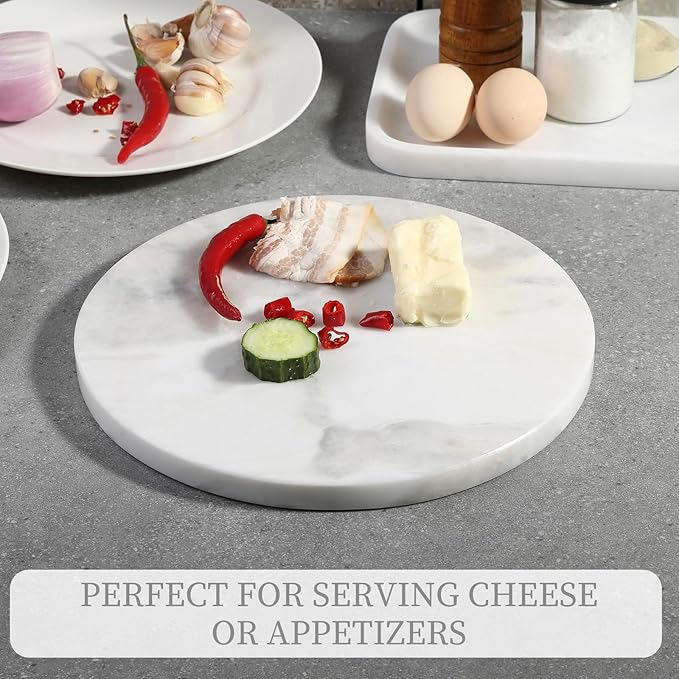Koville African Natural Marble Cutting Board for Kitchen, 11inch Round Hand Crafted Marble Slab for Cheese, Charcuterie, Pastry Board - Wedding Gift, House Warming Gift(OYSTER WHITE)