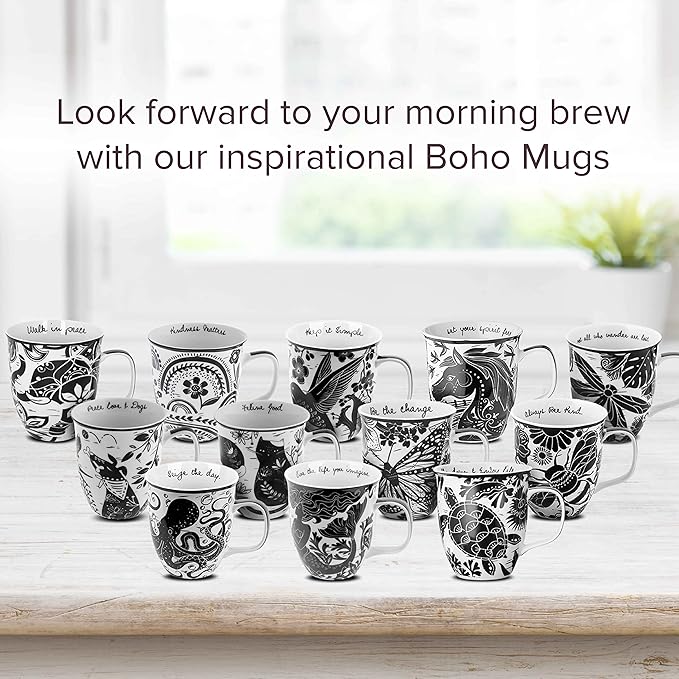 Karma Gifts 16 oz Black and White Boho Mug Dog - Cute Coffee and Tea Mug - Ceramic Coffee Mugs for Women and Men